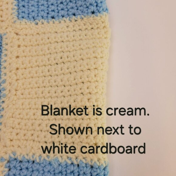 Vintage Crochet Blue & Cream Checkered Afghan Blanket With Fringe Edge, Handmade - Picture 3 of 10